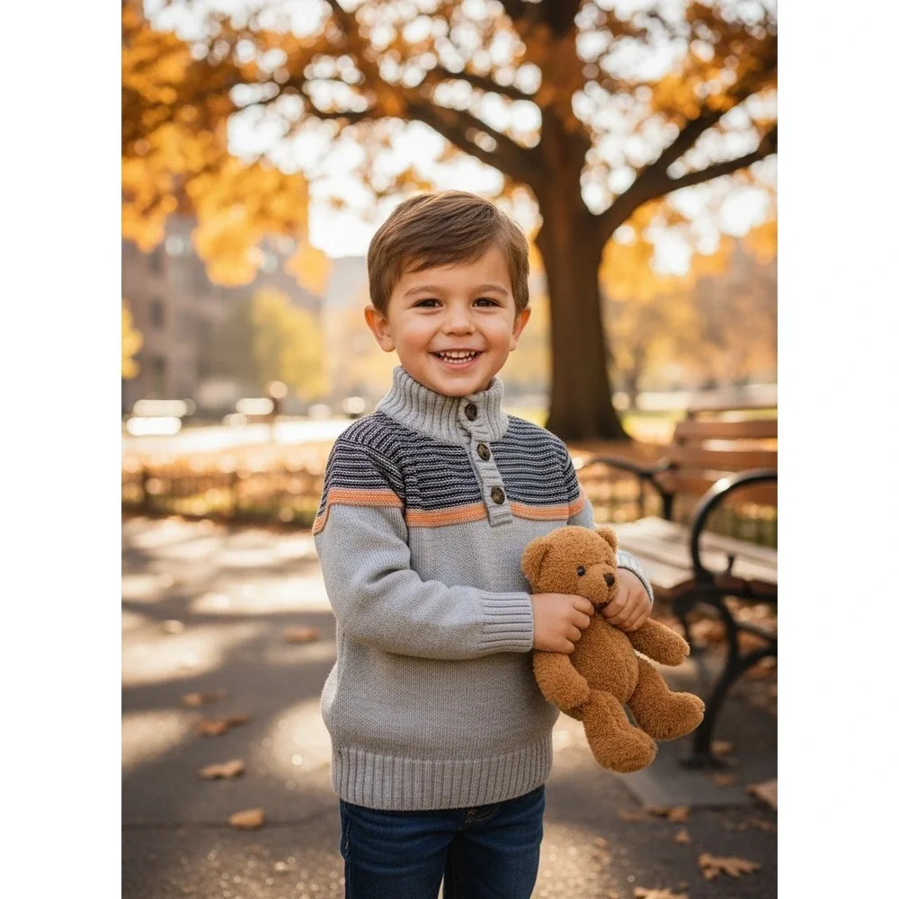 Gymboree Boys XS 4 Gray Striped Mock Neck Button Quarter Placket Cotton Sweater